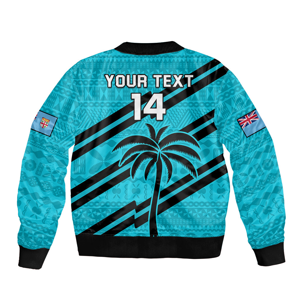 (Custom Text And Number) Fiji Rugby Tapa Pattern Fijian 7s Cyan Sleeve Zip Bomber Jacket LT14 - Polynesian Pride