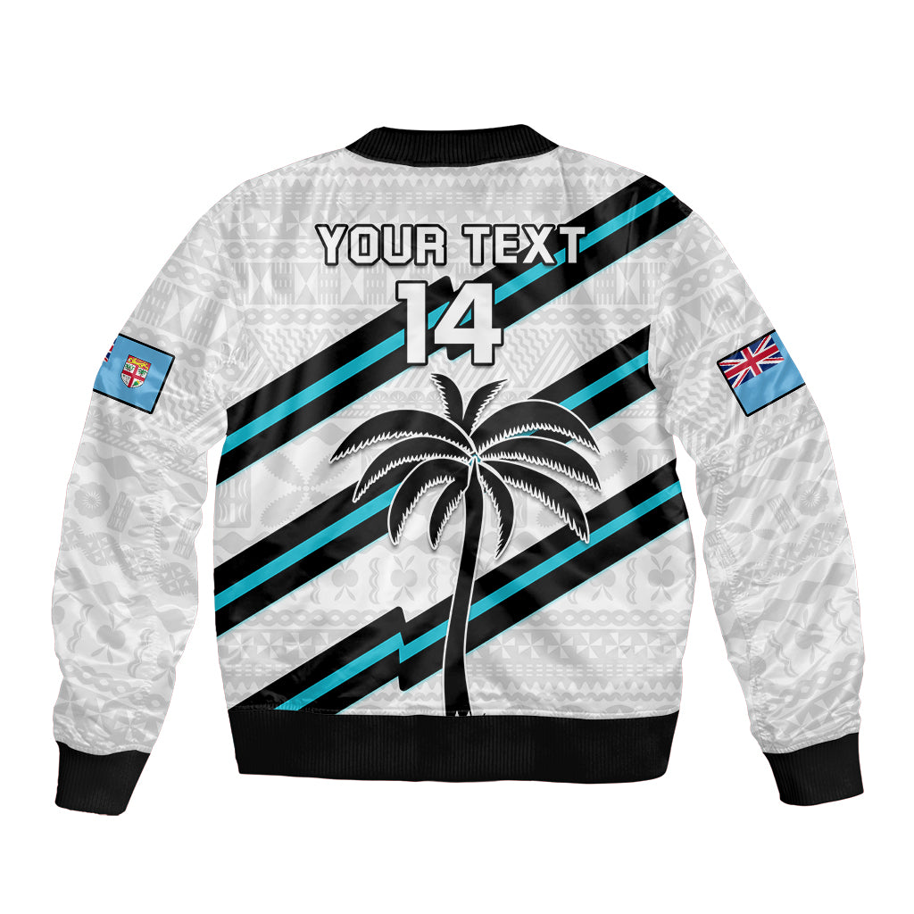 (Custom Text And Number) Fiji Rugby Tapa Pattern Fijian 7s White Bomber Jacket LT14 - Polynesian Pride