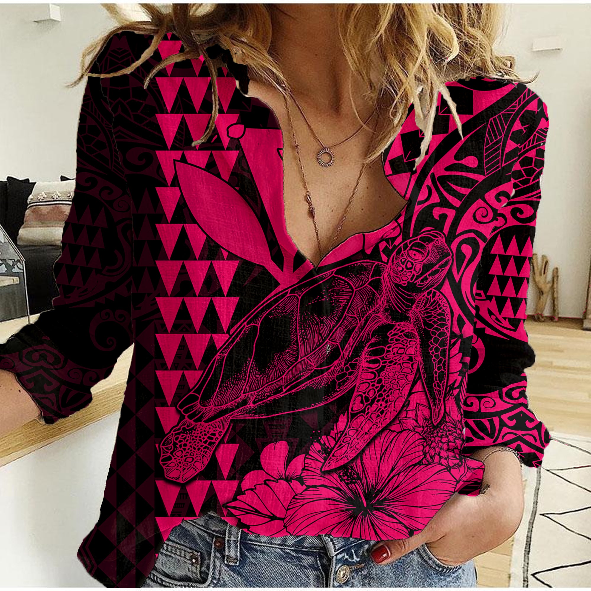 Kakau Polynesian Tribal Hawaiian Turtle with Kanaka Maoli Pink Women Casual Shirt LT9 Female Pink - Polynesian Pride