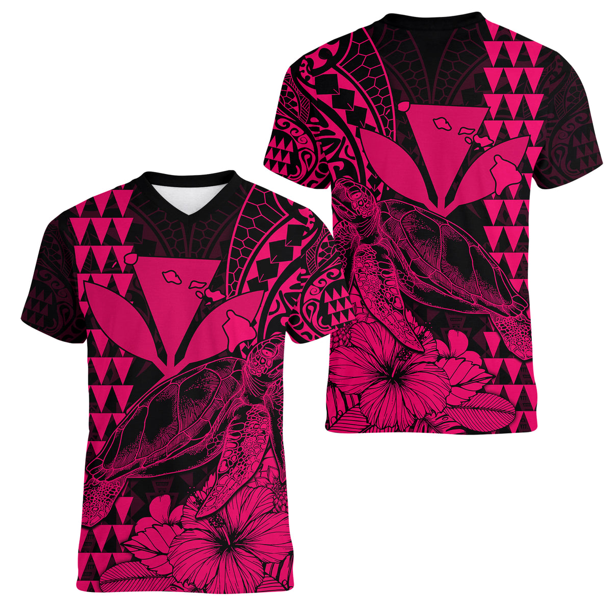 Kakau Polynesian Tribal Hawaiian Turtle with Kanaka Maoli Pink Women V Neck T Shirt LT9 Female Pink - Polynesian Pride