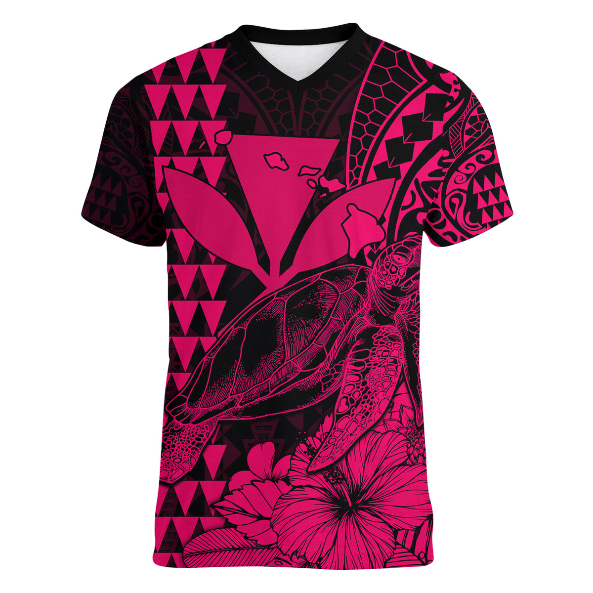 Kakau Polynesian Tribal Hawaiian Turtle with Kanaka Maoli Pink Women V Neck T Shirt LT9 - Polynesian Pride