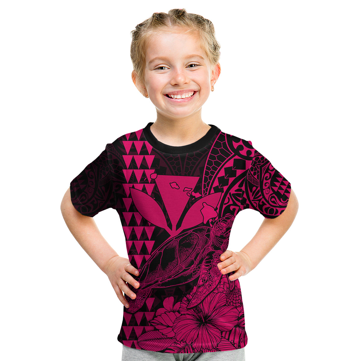 Kakau Polynesian Tribal Hawaiian Turtle with Kanaka Maoli Pink Kid T Shirt LT9 - Polynesian Pride