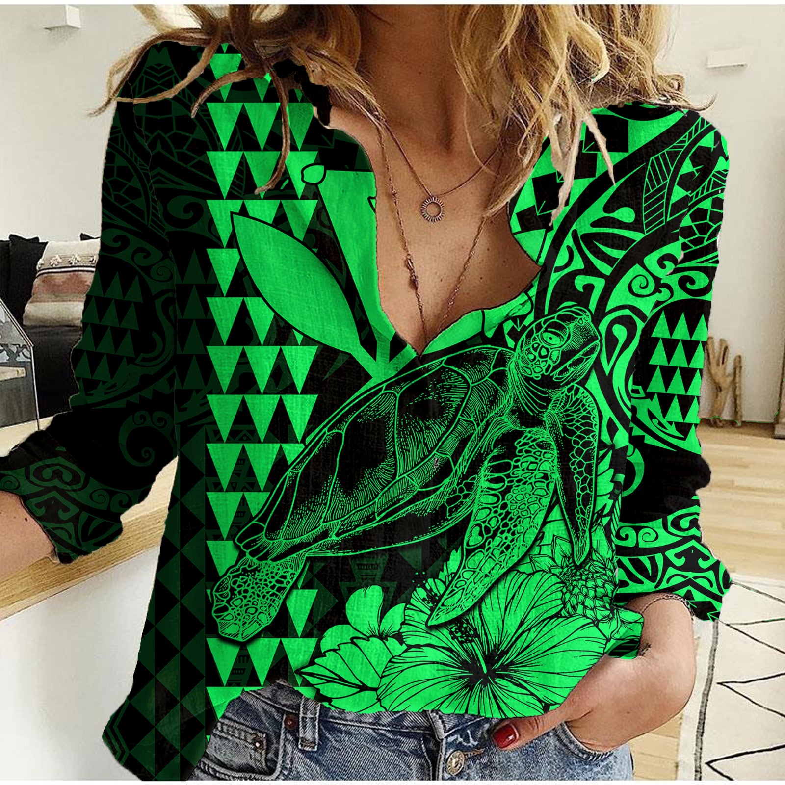 Kakau Polynesian Tribal Hawaiian Turtle with Kanaka Maoli Green Women Casual Shirt LT9 Female Green - Polynesian Pride