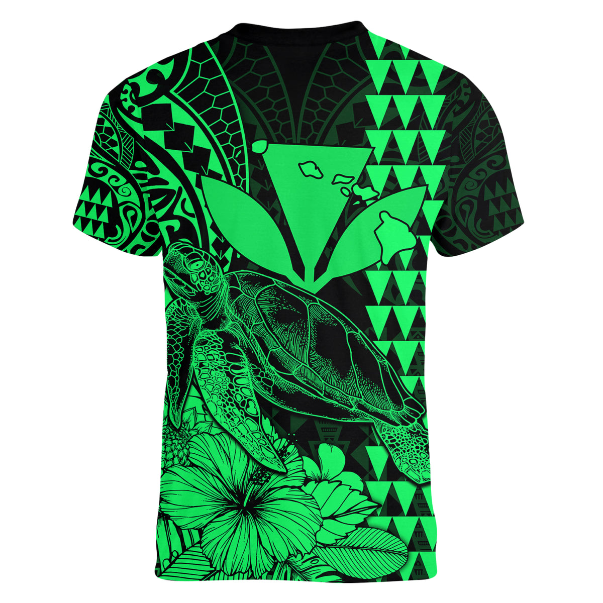 Kakau Polynesian Tribal Hawaiian Turtle with Kanaka Maoli Green Women V Neck T Shirt LT9 - Polynesian Pride