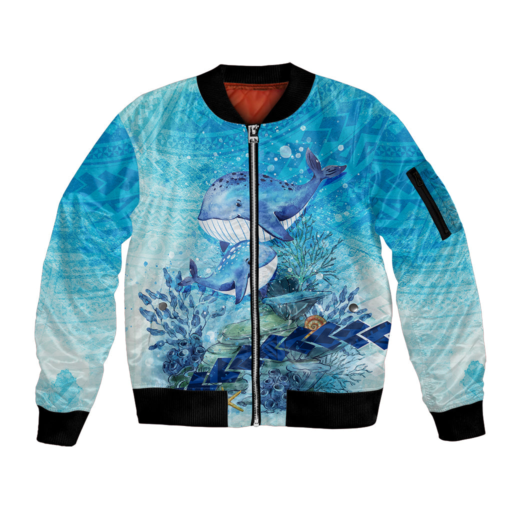 Mother and Baby Whale Mix Polynesian Style Sleeve Zip Bomber Jacket TS07 Unisex Blue - Polynesian Pride