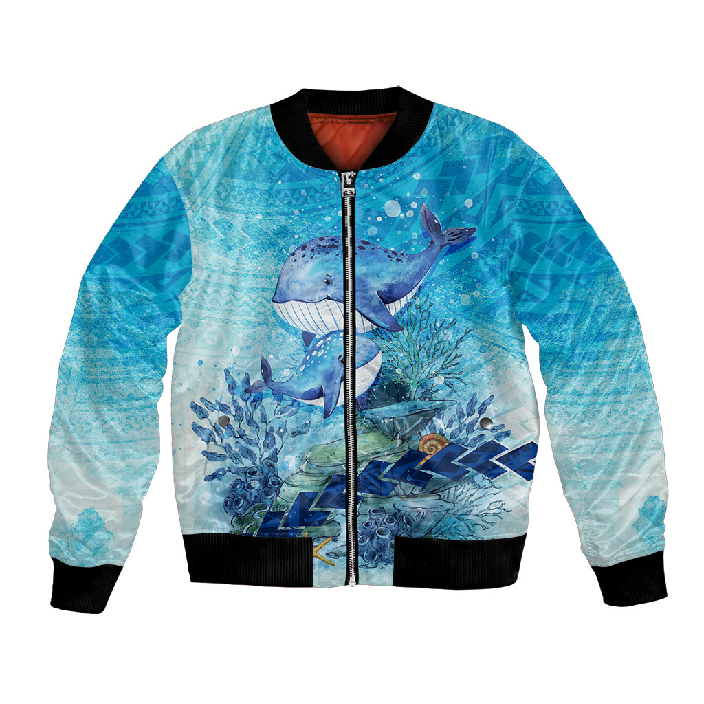 Mother and Baby Whale Mix Polynesian Style Bomber Jacket TS07 Unisex Blue - Polynesian Pride