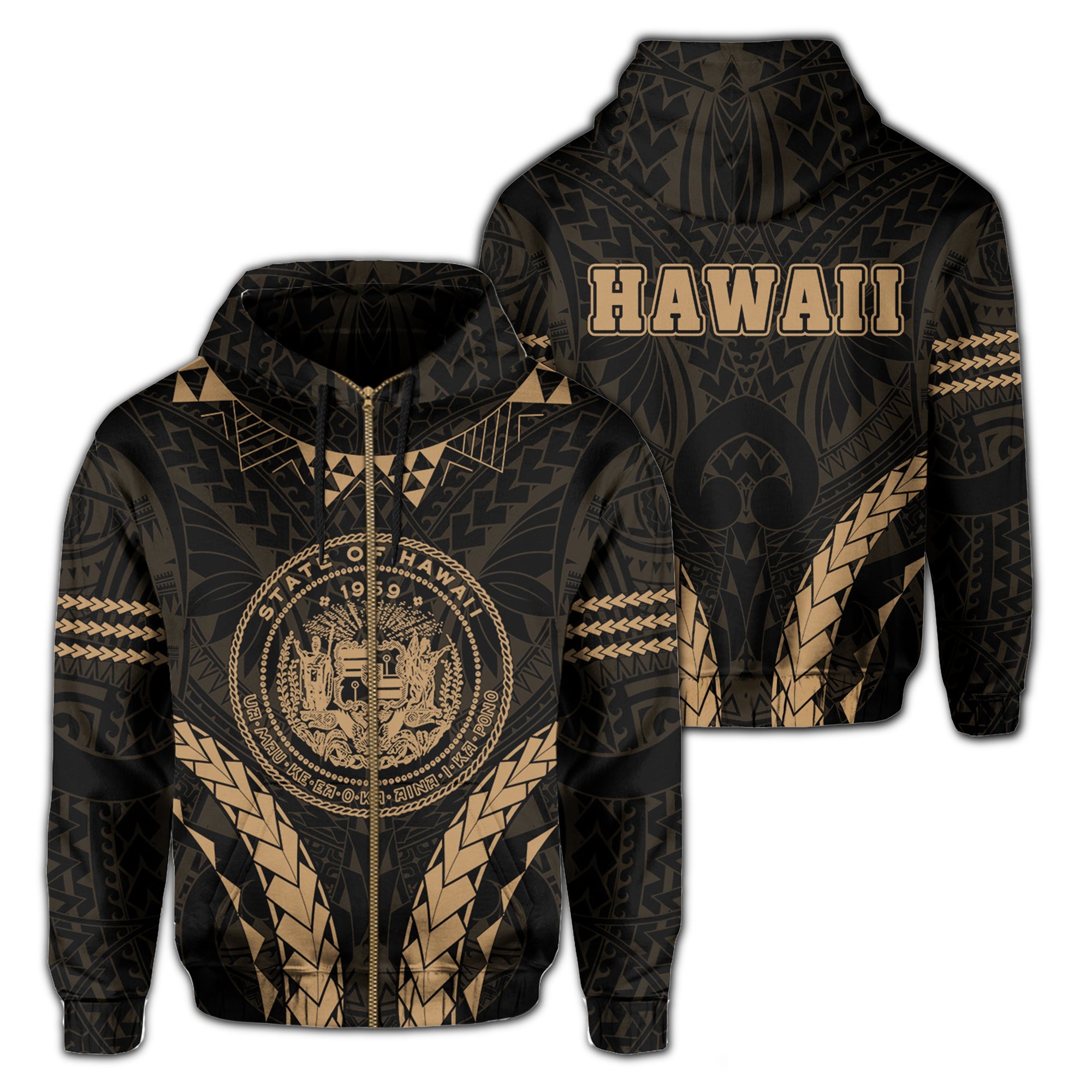 Polynesian Kakau Seal of Hawaii Zip Hoodie Sport Style Version 2.0 Gold Unisex Gold - Polynesian Pride