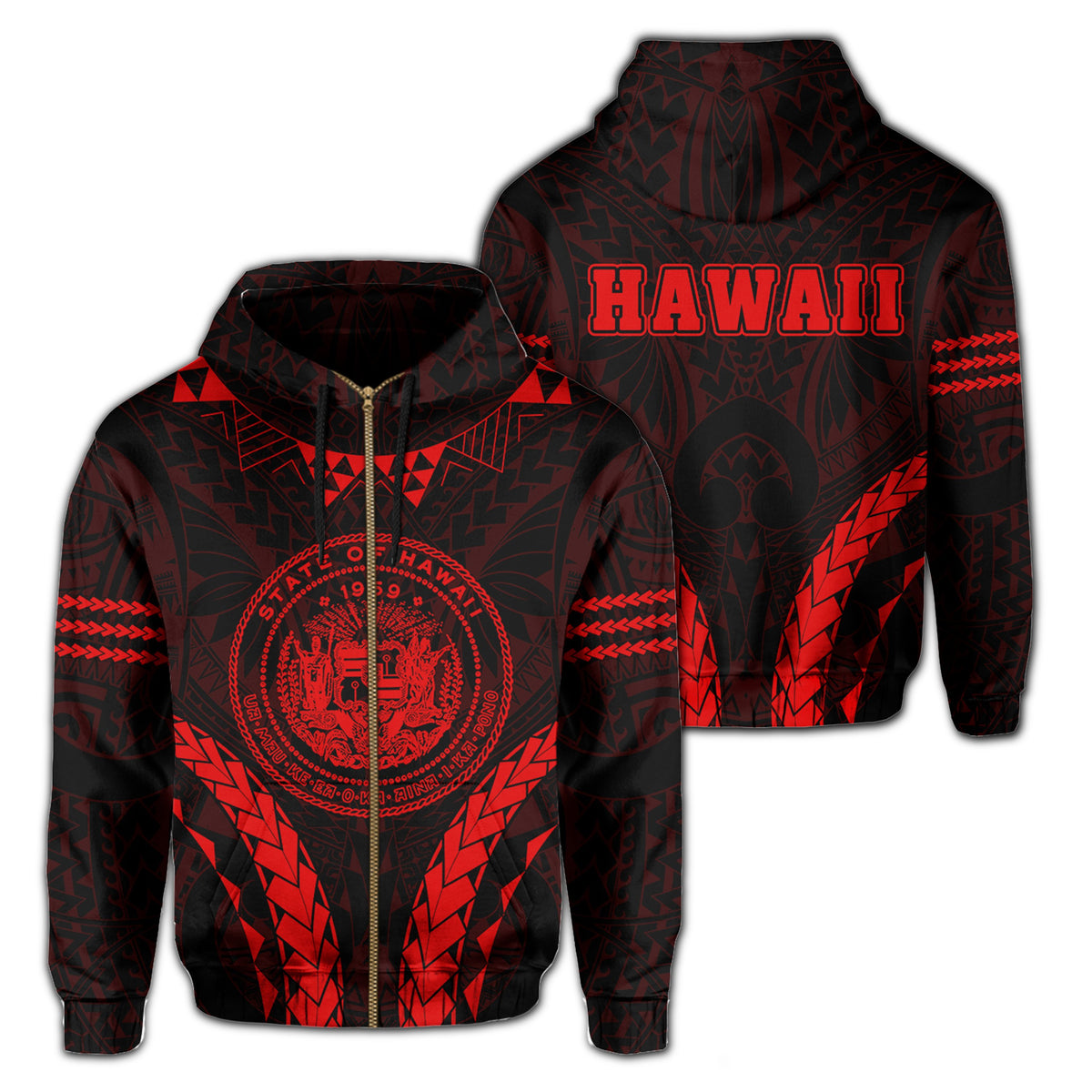 Polynesian Kakau Seal of Hawaii Zip Hoodie Sport Style Version 2.0 Red Unisex Red - Polynesian Pride
