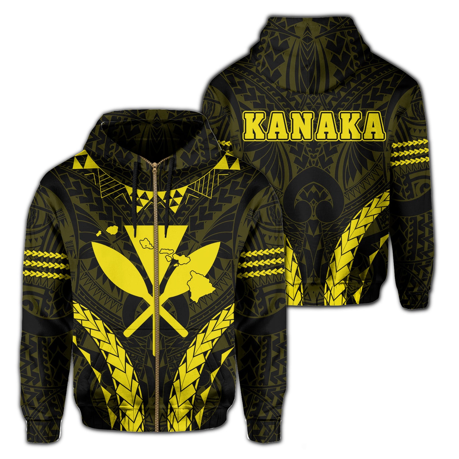Polynesian Kakau Kanaka Map Hawaii Zip Hoodie Sport Style Version 2.0 Yellow Unisex Yellow - Polynesian Pride