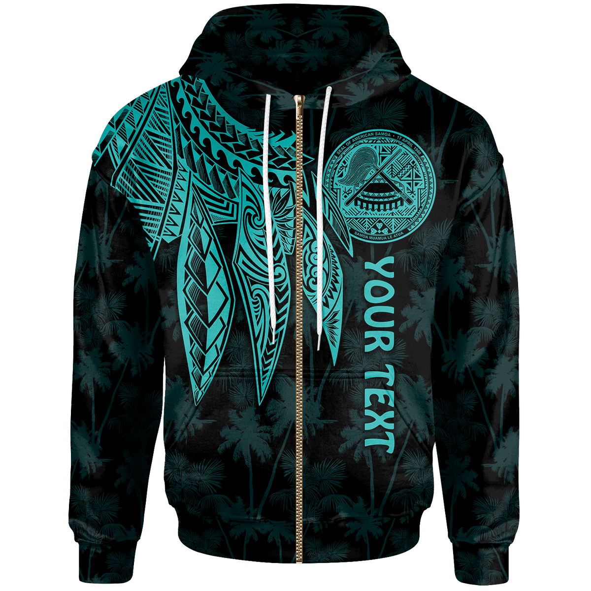 American Samoa Custom Zip up Hoodie Polynesian Wings (Turquoise) Unisex Black - Polynesian Pride