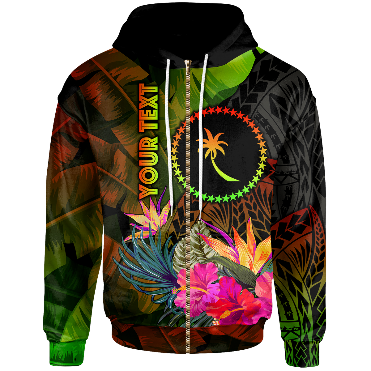 Chuuk Polynesian Custom Zip up Hoodie Hibiscus and Banana Leaves Unisex Reggae - Polynesian Pride