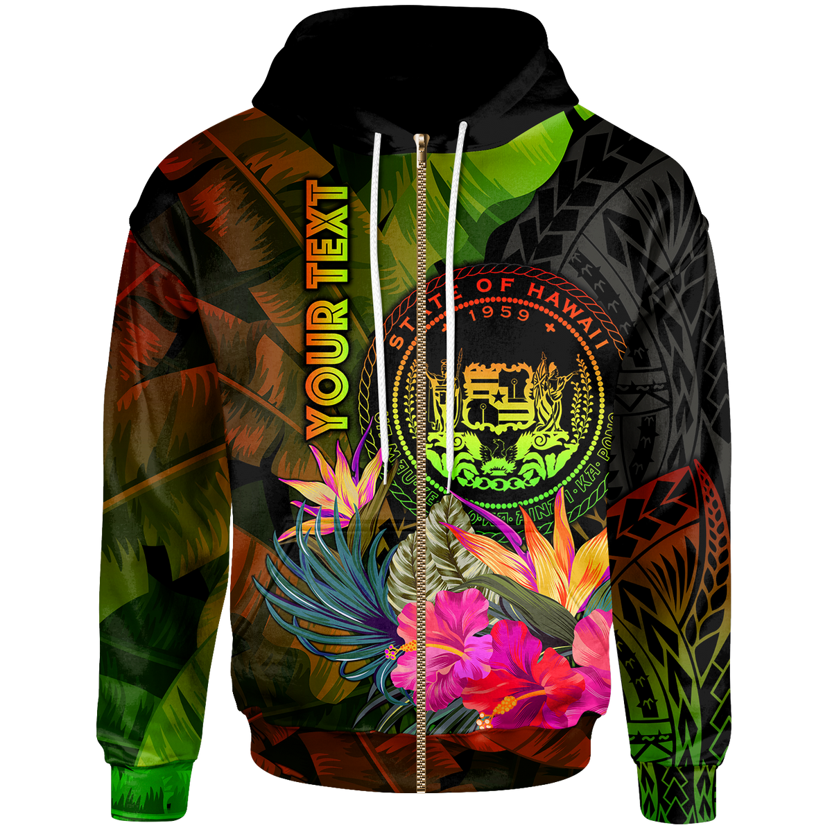 Polynesian Hawaii Polynesian Custom Zip up Hoodie Hibiscus and Banana Leaves Unisex Reggae - Polynesian Pride