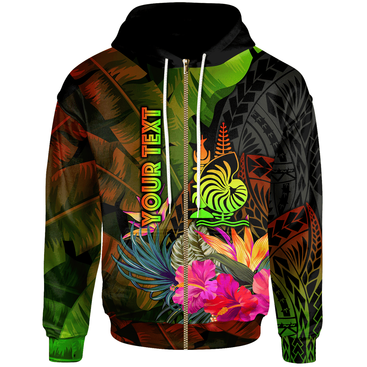 New Caledonia Polynesian Custom Zip up Hoodie Hibiscus and Banana Leaves Unisex Reggae - Polynesian Pride