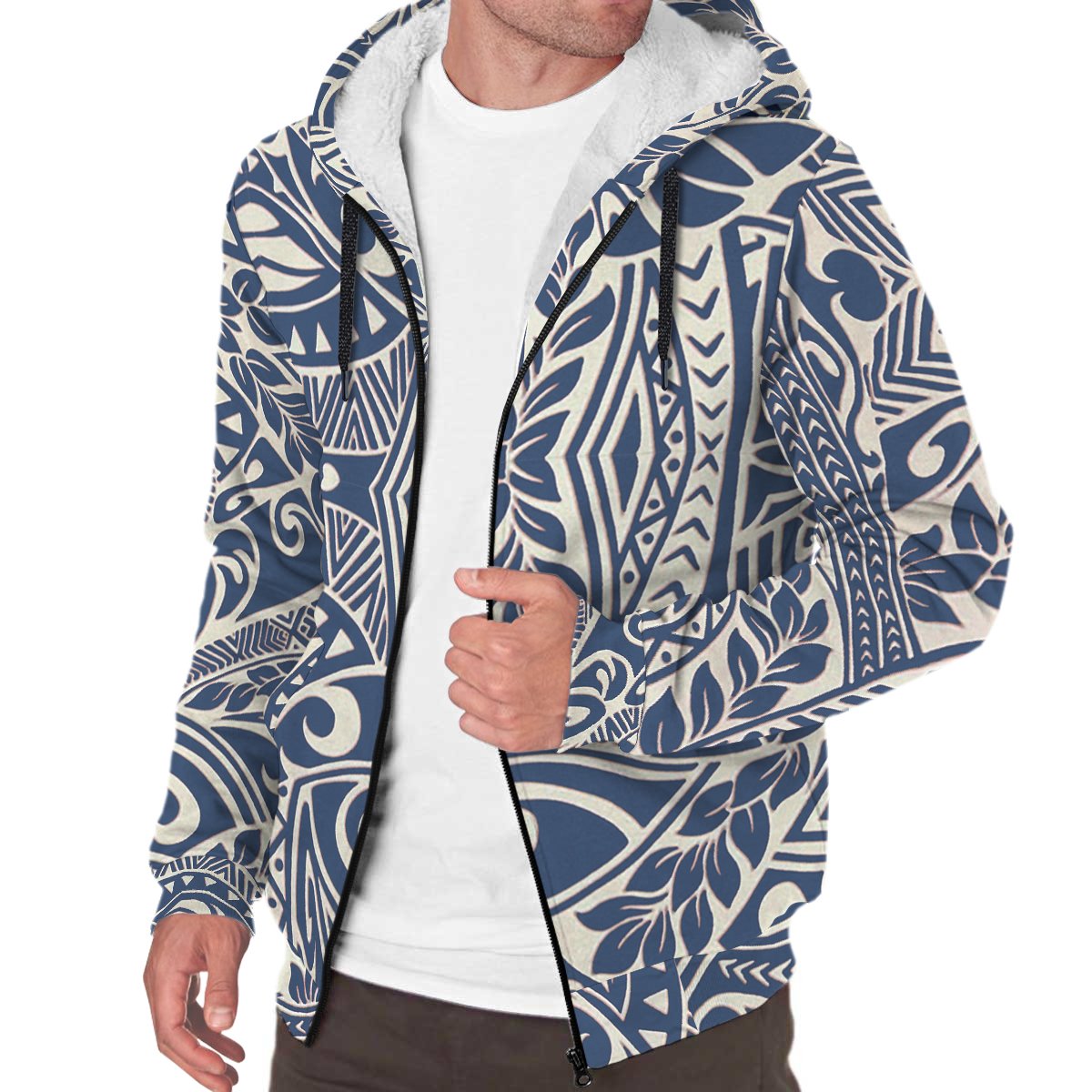 Beige Blue Polynesian Sherpa Hoodie - Polynesian Pride