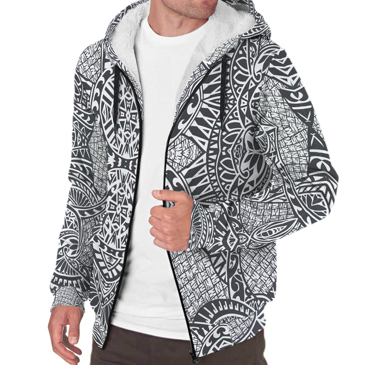 White Polynesian Pattern Sherpa Hoodie - Polynesian Pride