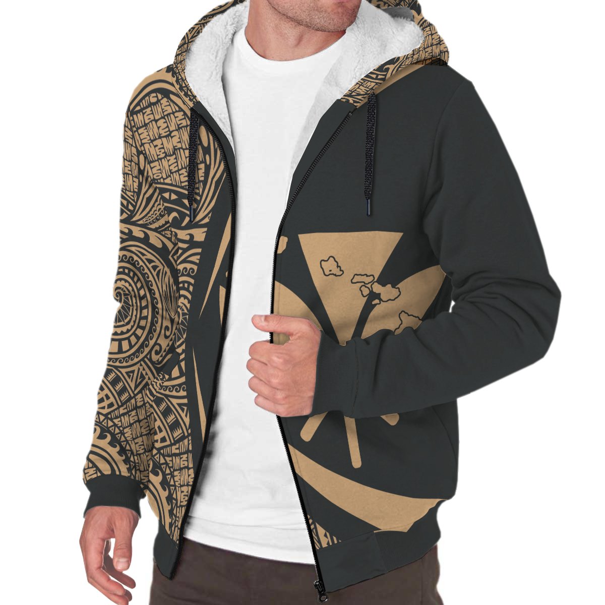 Kanaka Hawaii Map Gold Polynesian Sherpa Hoodie - Circle Style AH - Polynesian Pride