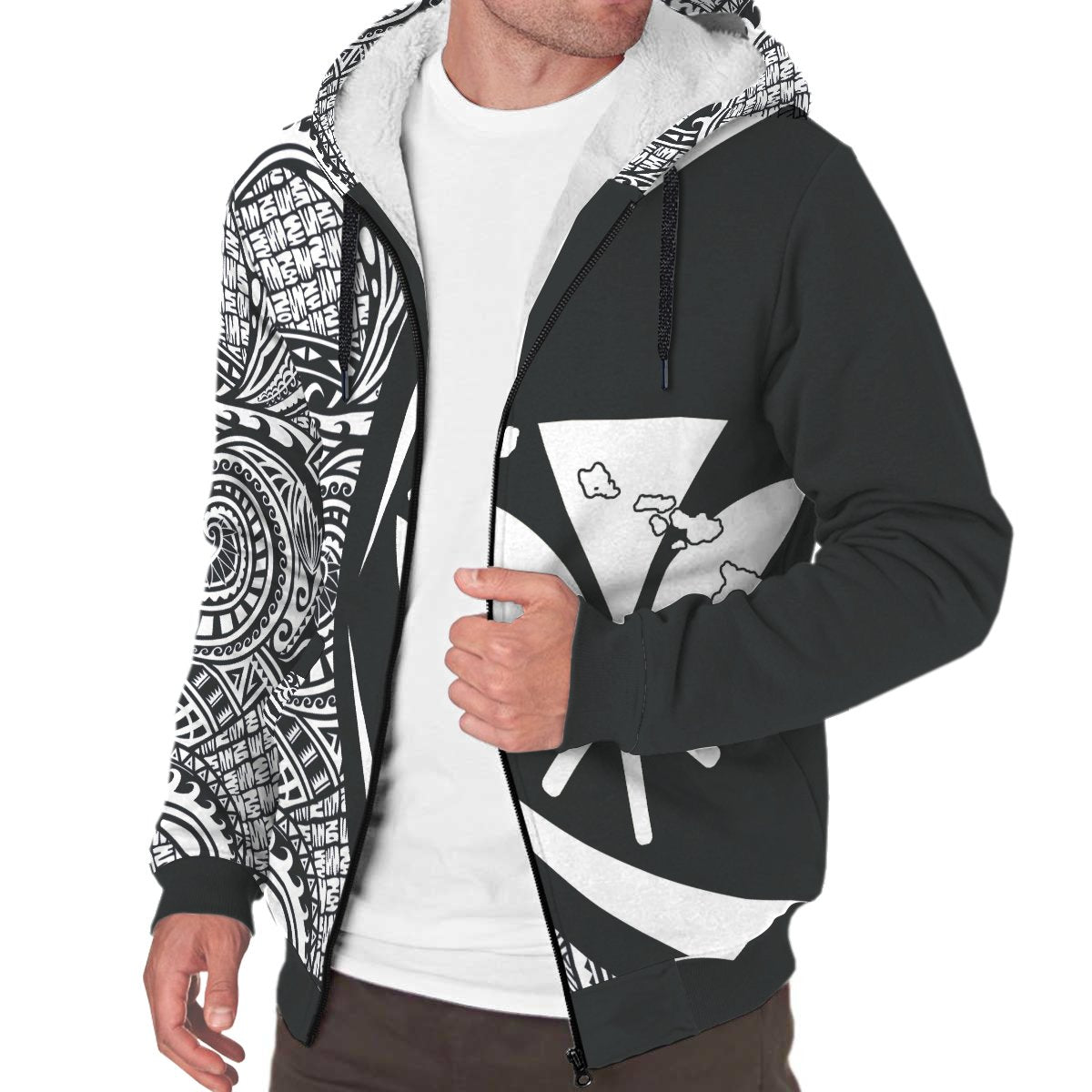 Kanaka Hawaii Map White Polynesian Sherpa Hoodie - Circle Style AH - Polynesian Pride