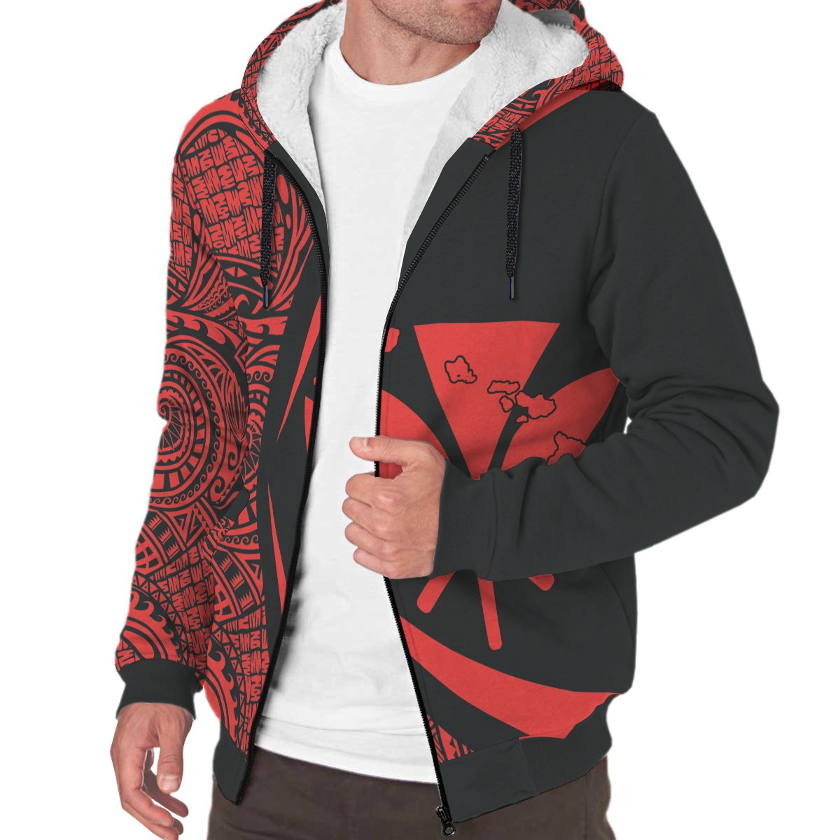 Kanaka Hawaii Map Red Polynesian Sherpa Hoodie - Circle Style AH - Polynesian Pride