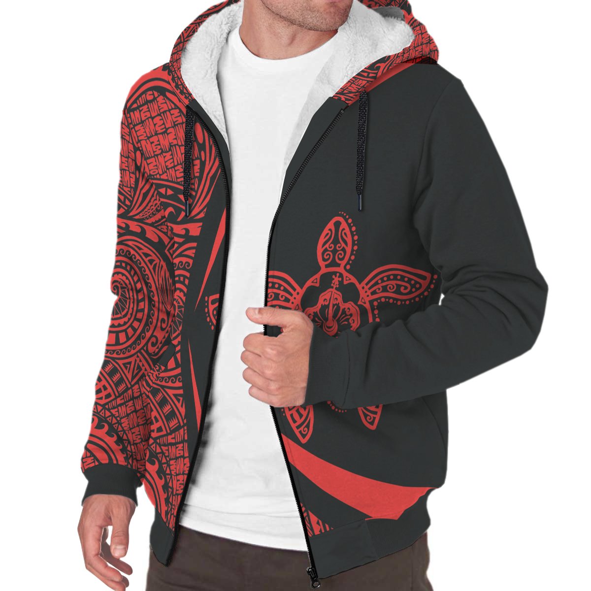 Hawaii Turtle Red Polynesian Sherpa Hoodie - Circle Style - Polynesian Pride