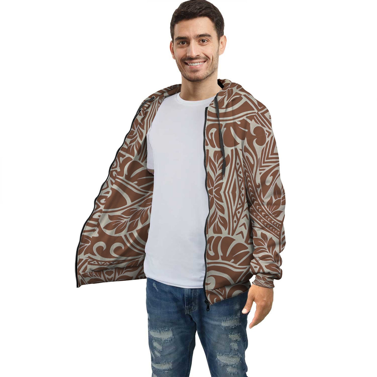 Brown Palm Polynesian Inside Print Zip Hoodie Unisex Brown - Polynesian Pride
