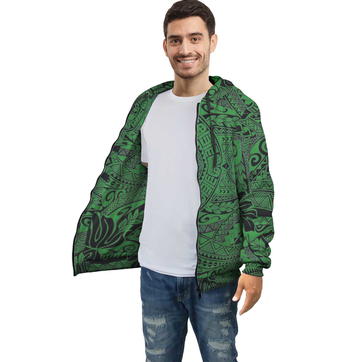 Green Polynesian Inside Print Zip Hoodie Unisex Green - Polynesian Pride