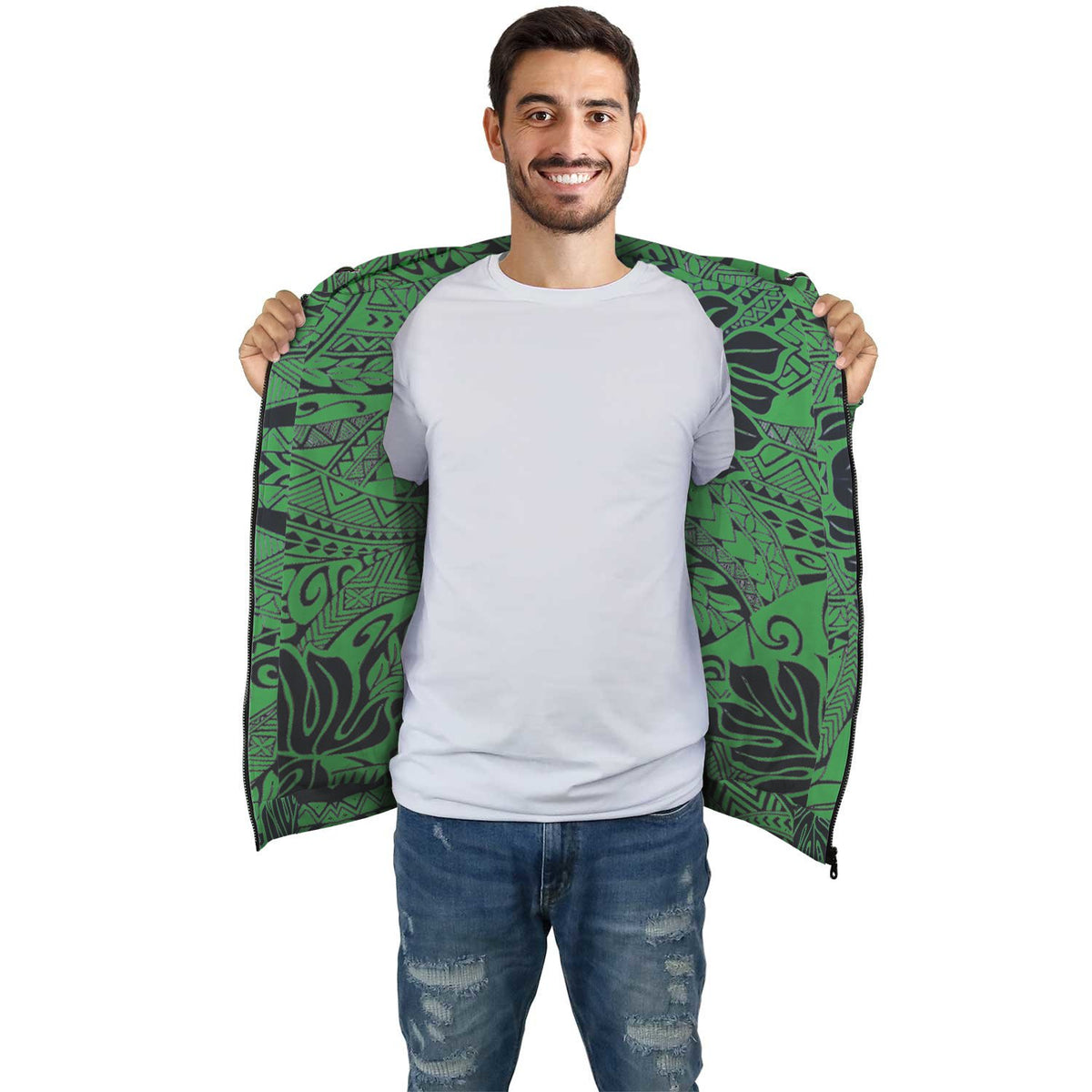 Green Polynesian Inside Print Zip Hoodie - Polynesian Pride