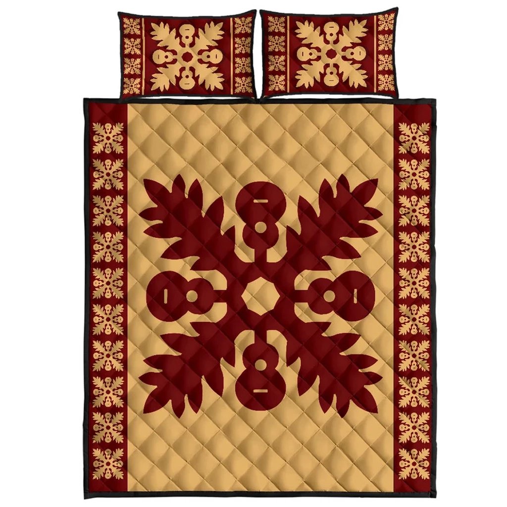 Hawaiian Quilt Pattern Guitar And Flora Quilt Bed Set Gold - Polynesian Pride