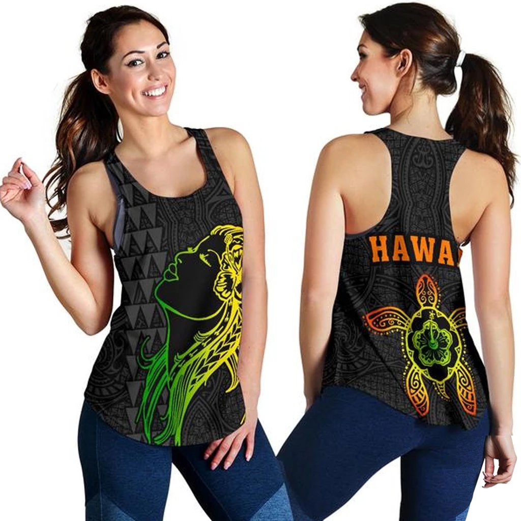 Hula Girl And Turtle Hibiscus Women's Racerback Tank Black - Polynesian Pride
