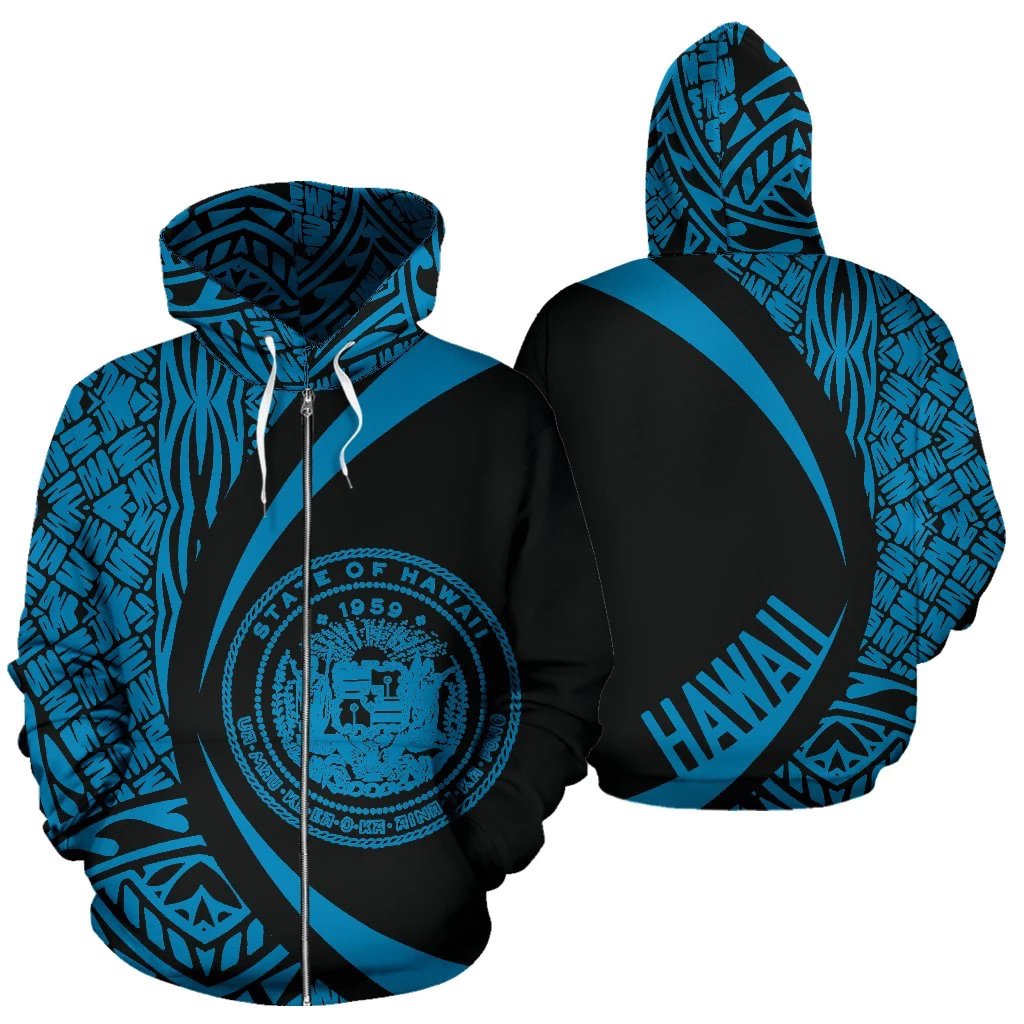 Hawaii Polynesian Zip up Hoodie Blue Circle Style Unisex Blue - Polynesian Pride