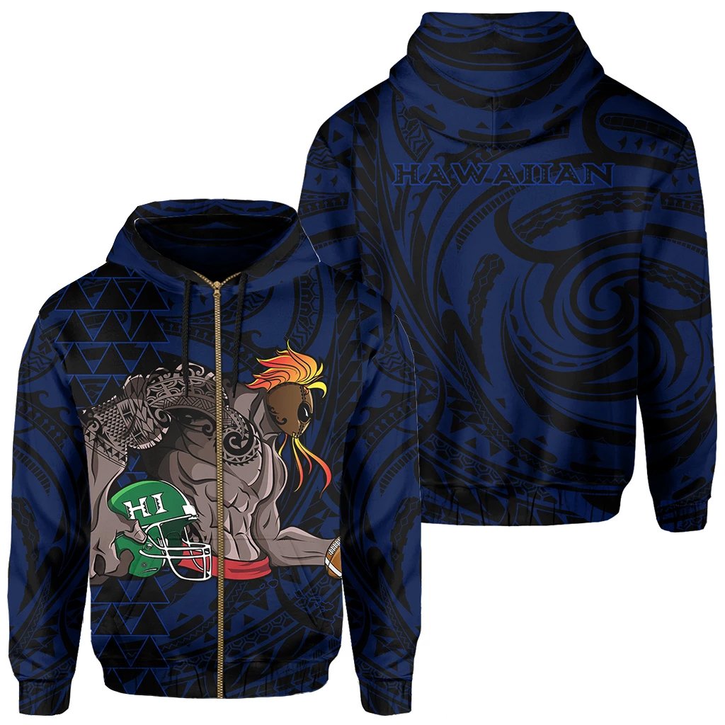Kakau Blue Hawaii Warrior Football Hoodie (Zip) Unisex Blue - Polynesian Pride