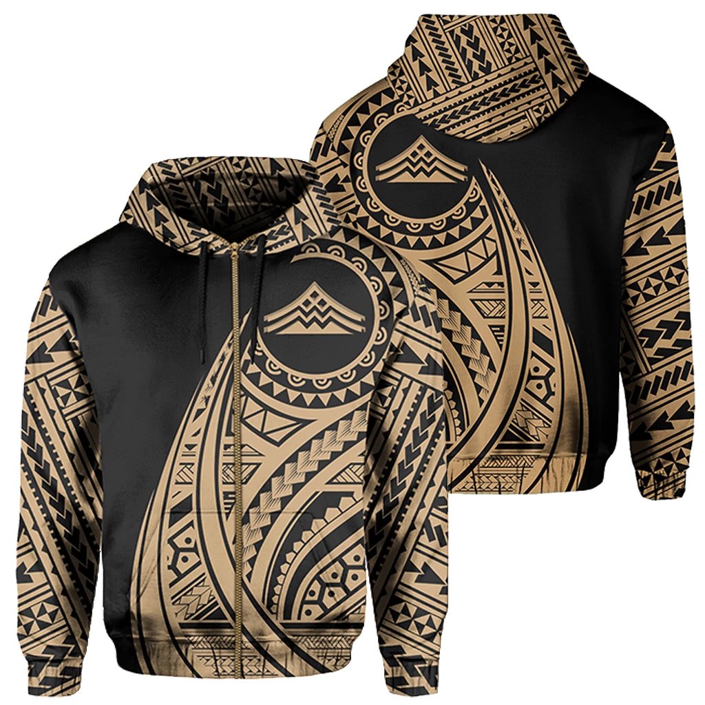 Hawaii Mauna Kea Polynesian Zip up Hoodie Tatoo Style Gold Unisex Gold - Polynesian Pride