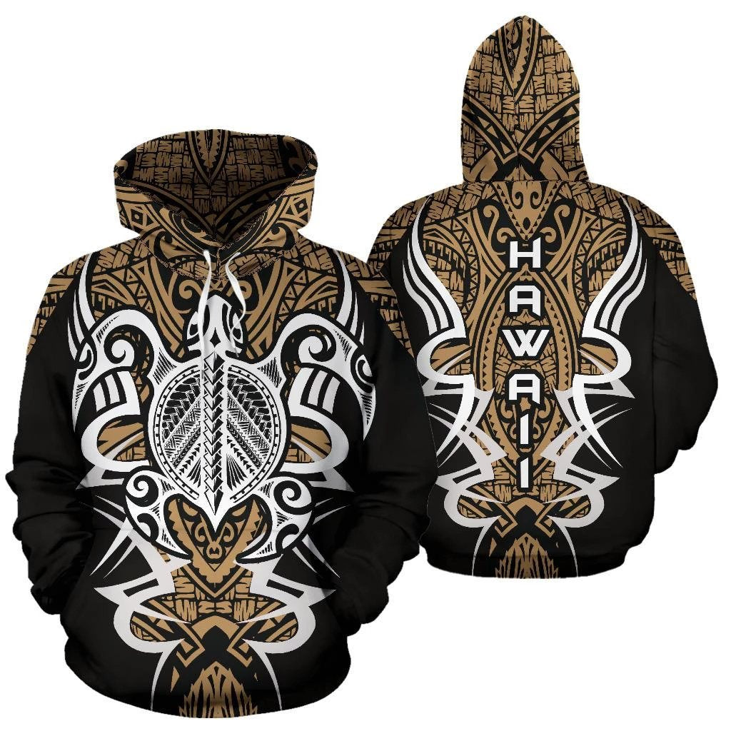 Hawaii Turtle Tribal Golden Hoodie Armor Style Unisex Black - Polynesian Pride
