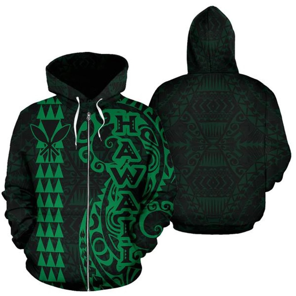 Hawaii Tattoo Zip up Hoodie Green Unisex Green - Polynesian Pride
