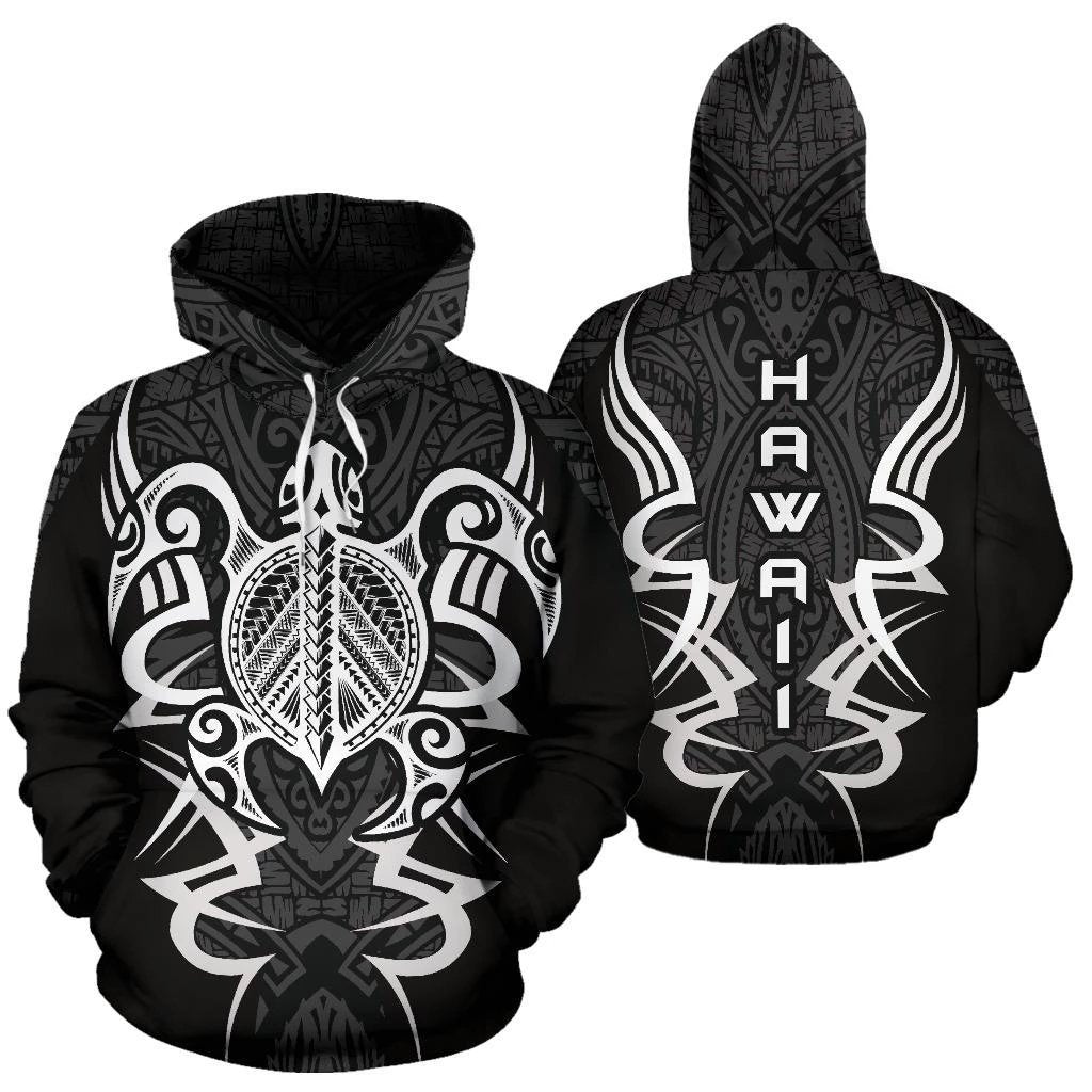 Hawaii Turtle Tribal Gray Hoodie Armor Style Unisex Black - Polynesian Pride