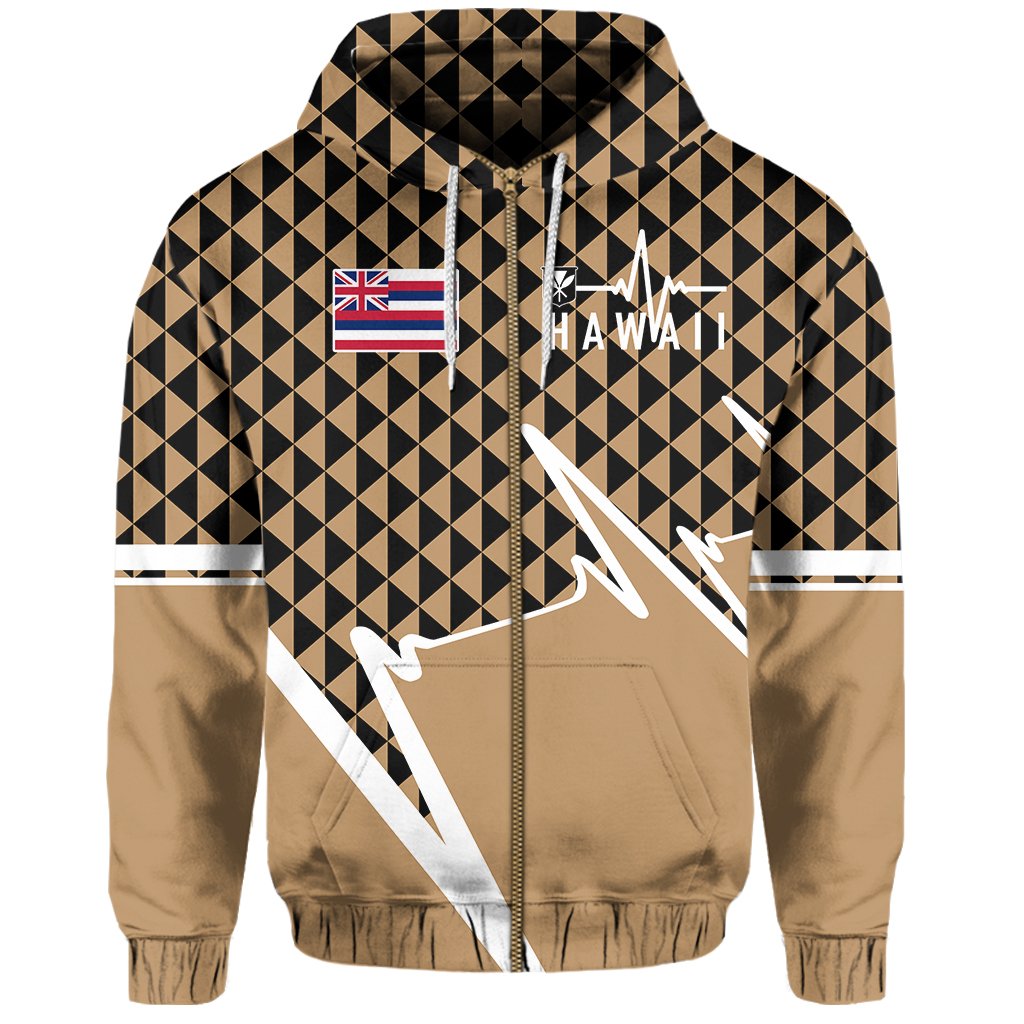 Kakau Hawaii In My Heartbeat Flag of Hawaii Zip Hoodie Gold - Polynesian Pride