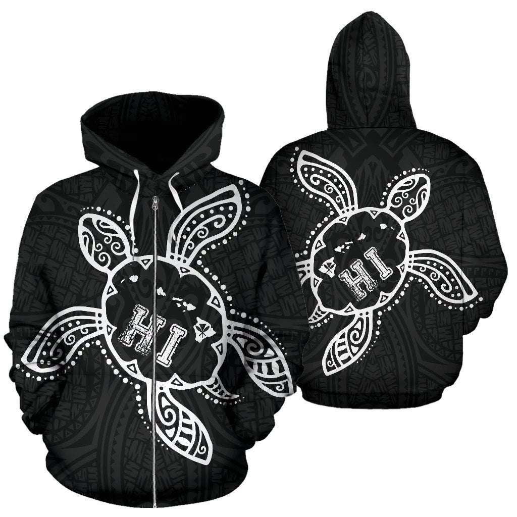 Hawaii Turtle Kanaka Map Polynesian Zip up Hoodie Unisex Black - Polynesian Pride