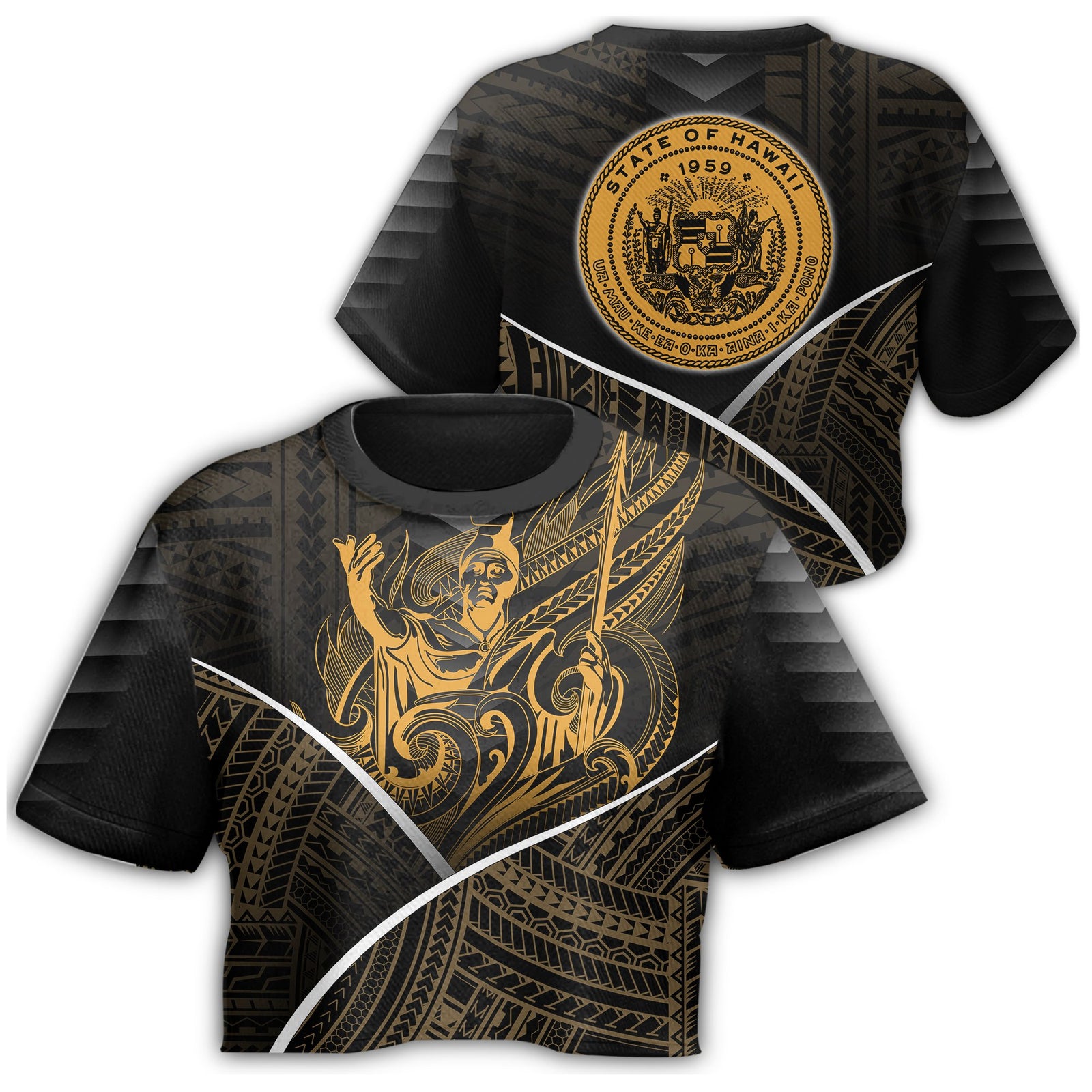 Hawaiian - King's Hawaii Coat Of Arms Polynesian Crop T-Shirt - Mana Style - AH Female Black - Polynesian Pride
