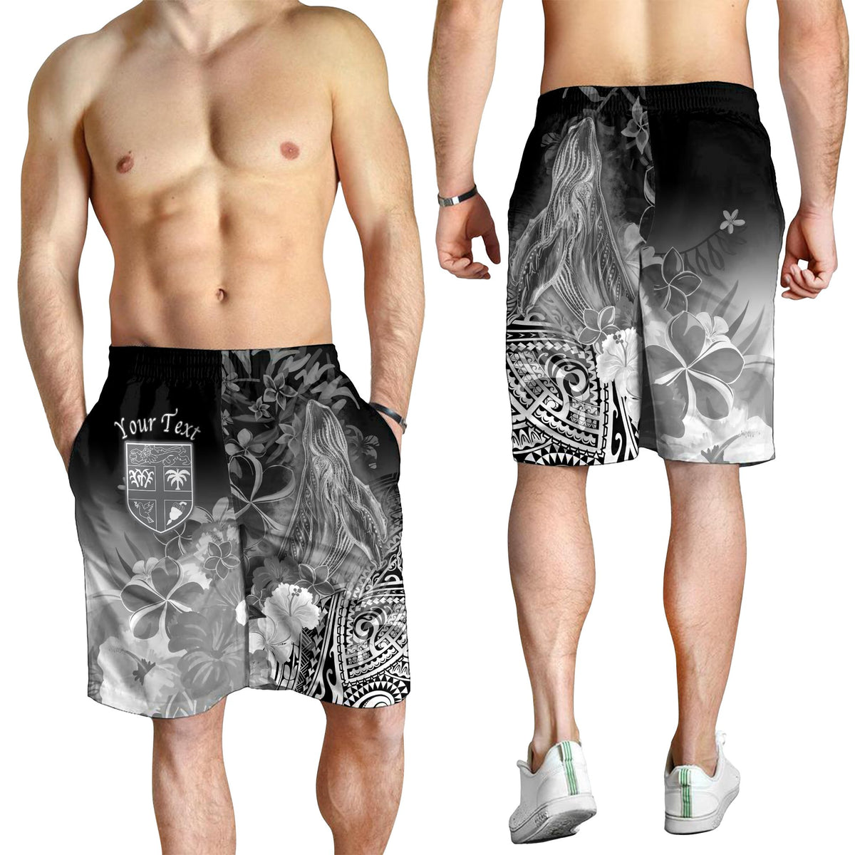 Fiji Custom Personalised Men's Shorts - Humpback Whale with Tropical Flowers (White) - Polynesian Pride