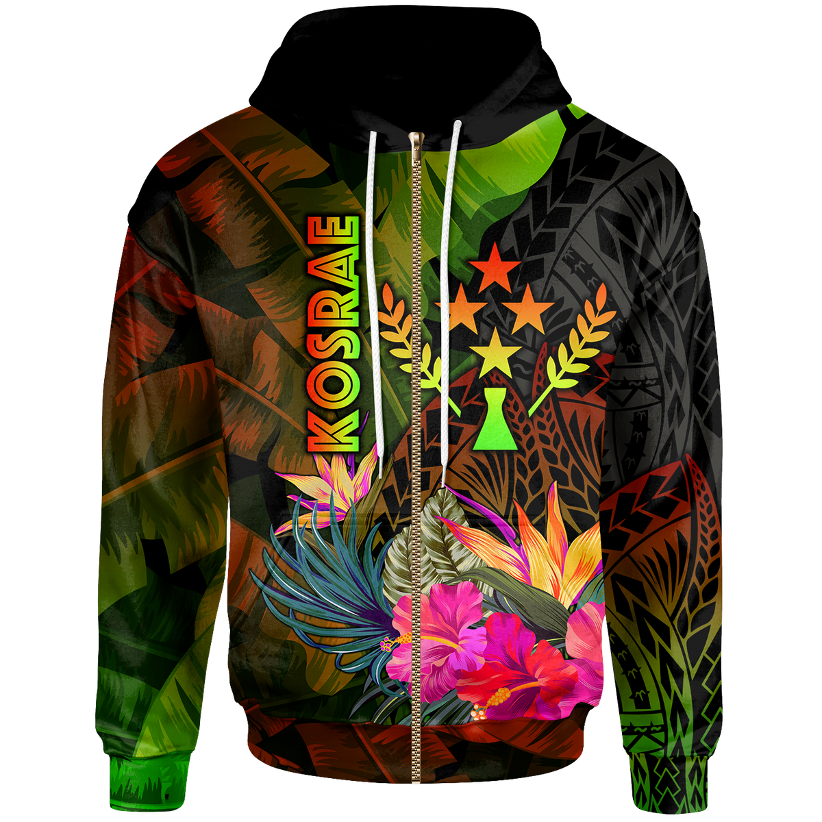 Kosrae Polynesian Zip up Hoodie Hibiscus and Banana Leaves Unisex Reggae - Polynesian Pride