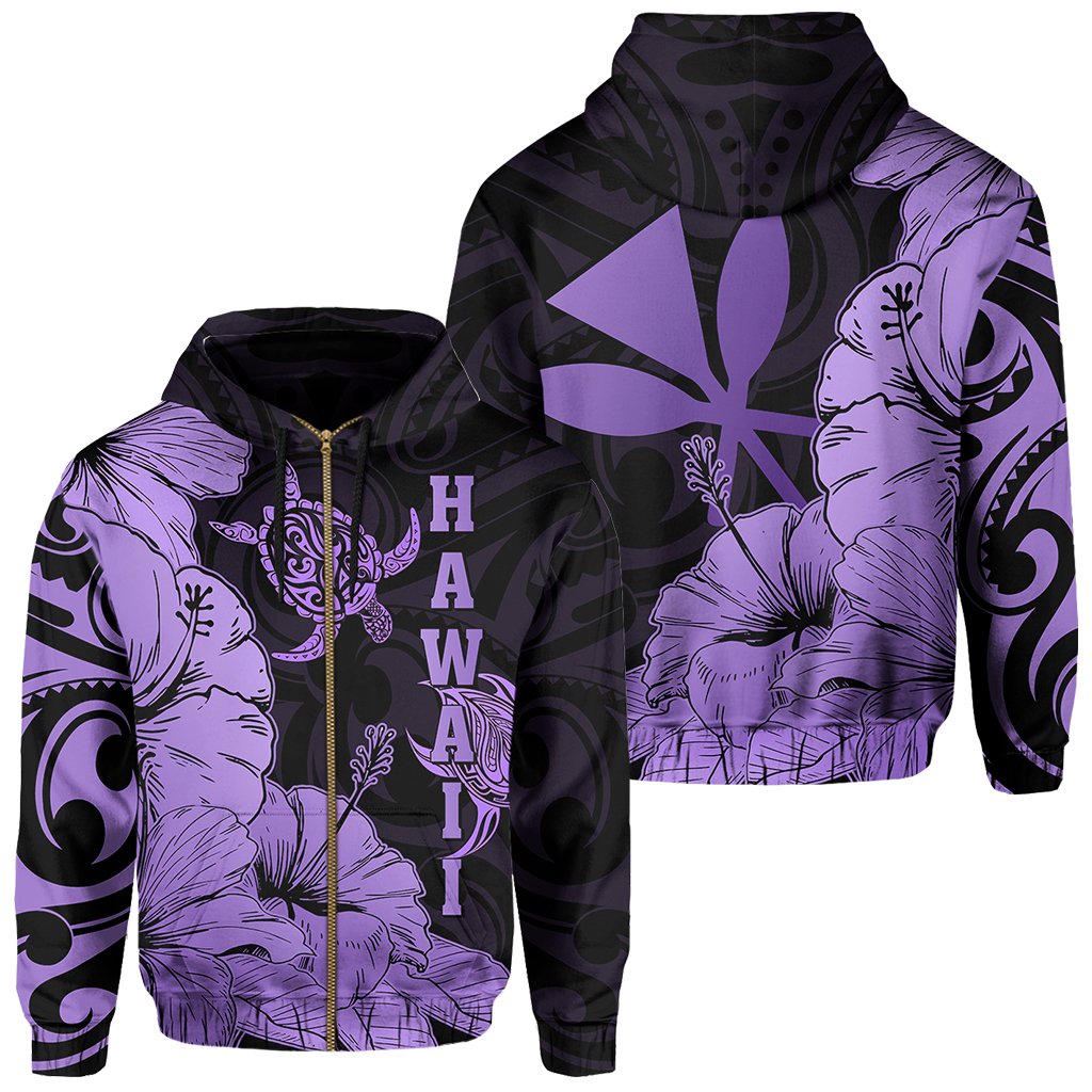 Hawaii Turtle Hoodie (Zipper) Polynesian Hibiscus Art Ver 2.0 Violet Unisex Violet - Polynesian Pride