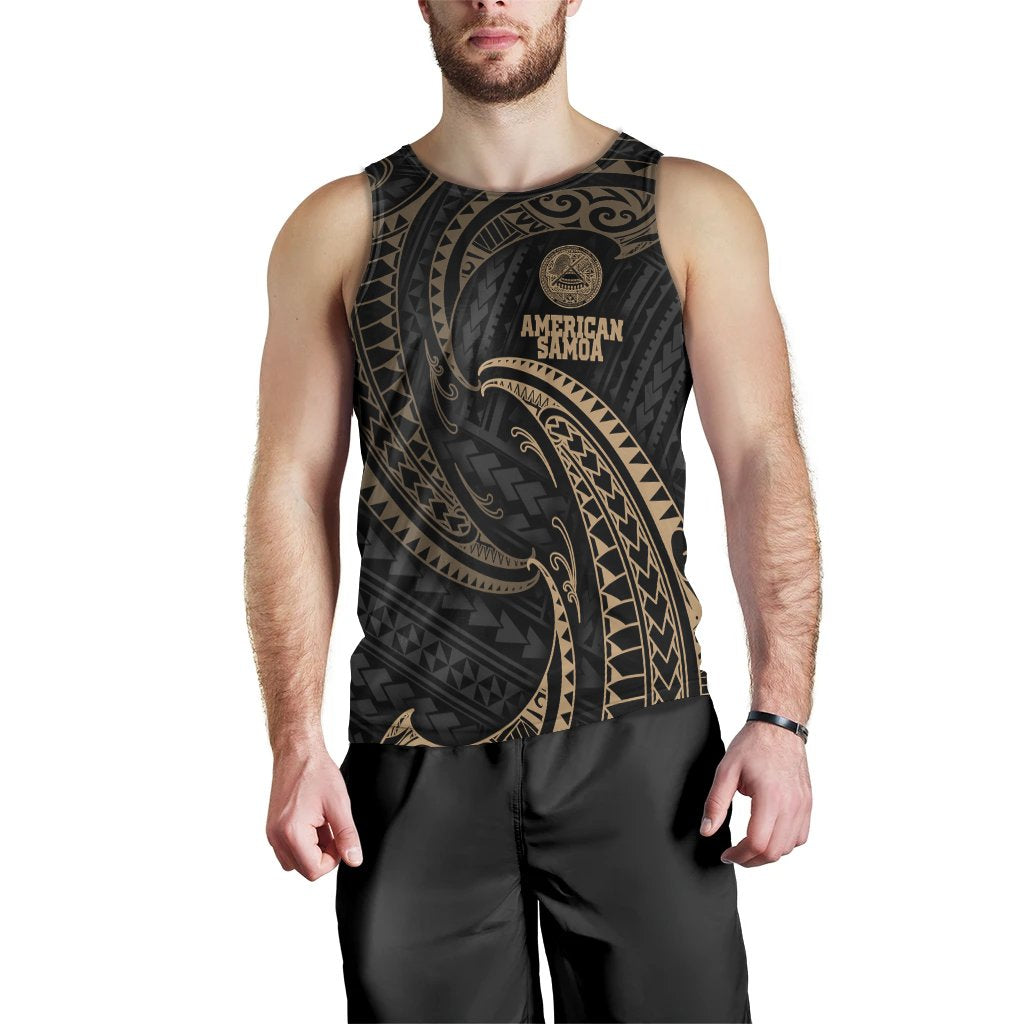 American Samoa Polynesian Men's Tank Top - Gold Tribal Wave - Polynesian Pride