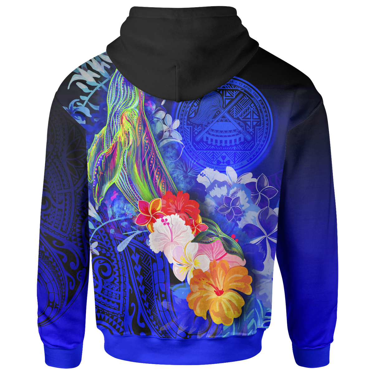 American Samoa Polynesian Custom Zip up Hoodie Humpback Whale with Tropical Flowers - Polynesian Pride