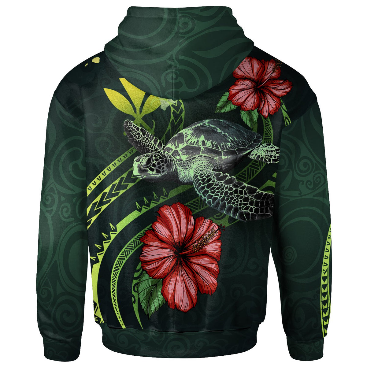 Hawaii Polynesian Hoodie Green Turtle Hibiscus - Polynesian Pride