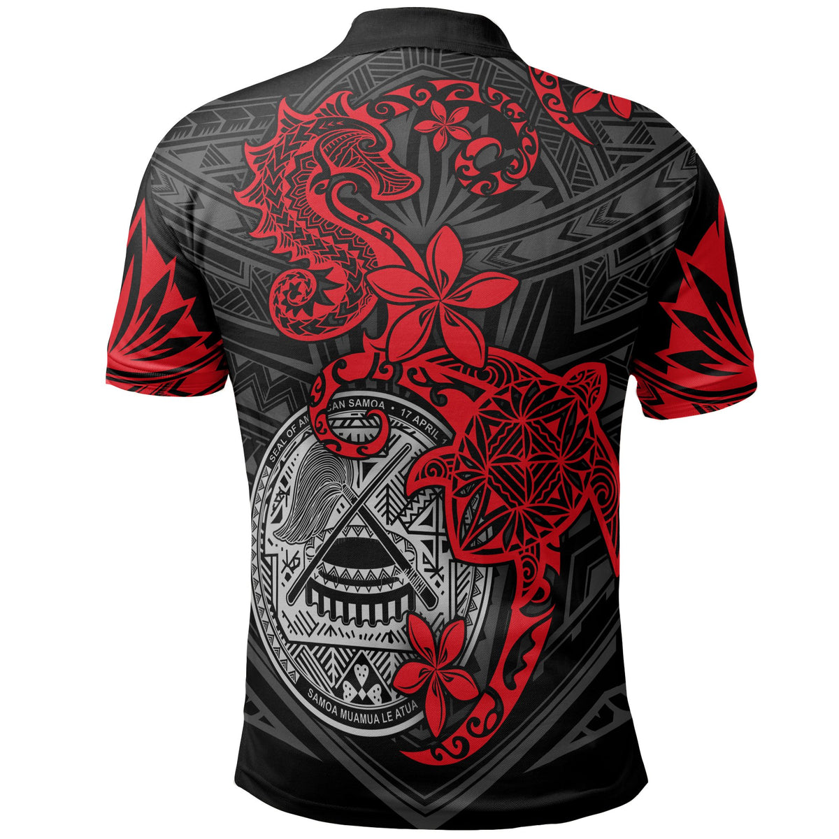 American Samoa Polynesian Polo Shirt Red Seahorse Turtle - Polynesian Pride
