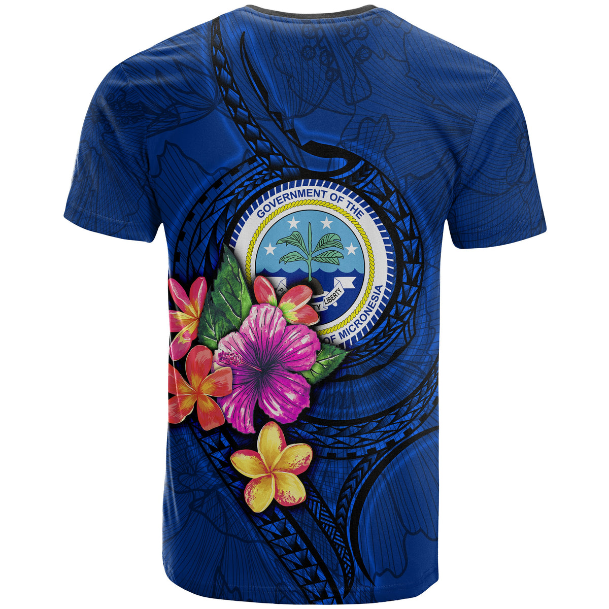 Federated States of Micronesia Custom T Shirt Floral With Seal Blue - Polynesian Pride