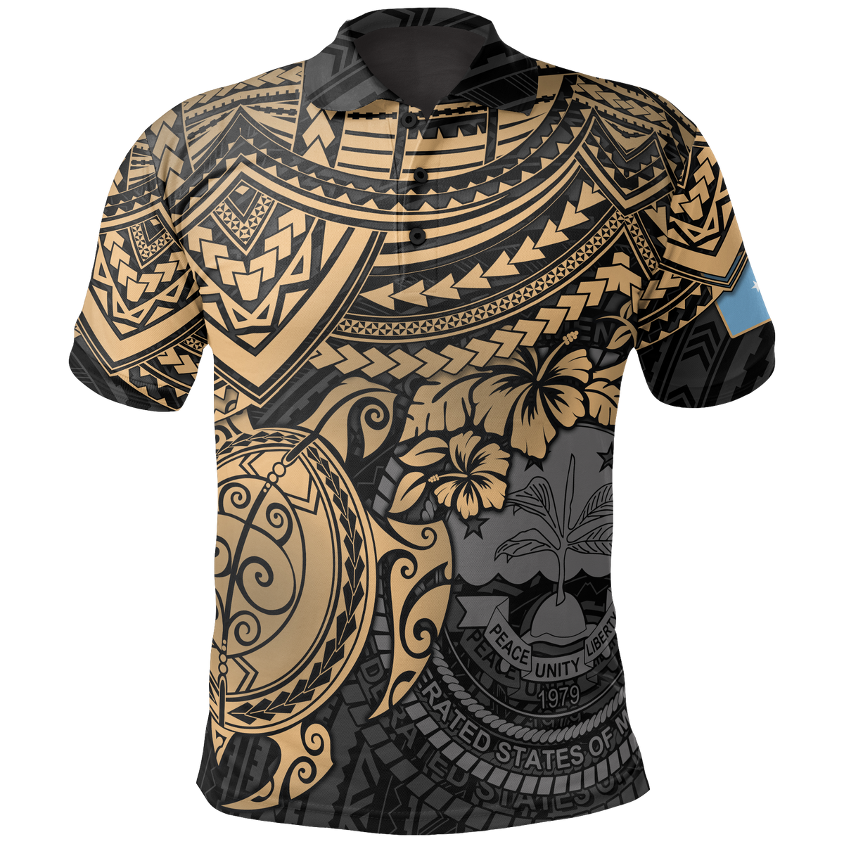 Federated States of Micronesia Polo Shirt Federated States of Micronesia Flag Seal Golden Turtle Hiciscus Unisex BLACK - Polynesian Pride