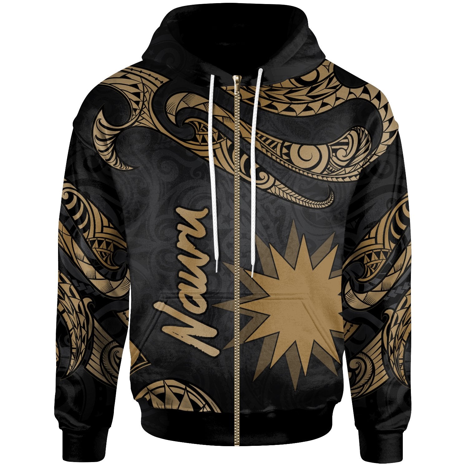 Nauru Polynesian Zip Hoodie Polynesian Tattoo Gold Version Unisex Gold - Polynesian Pride