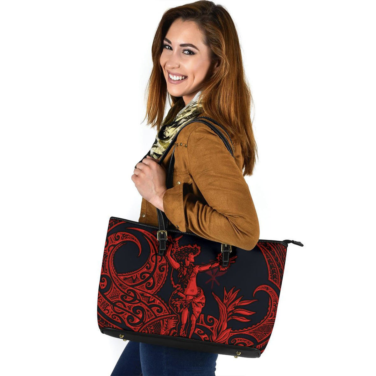Polynesian Hawaii Leather Tote Bag - Hula Girl Red - Polynesian Pride