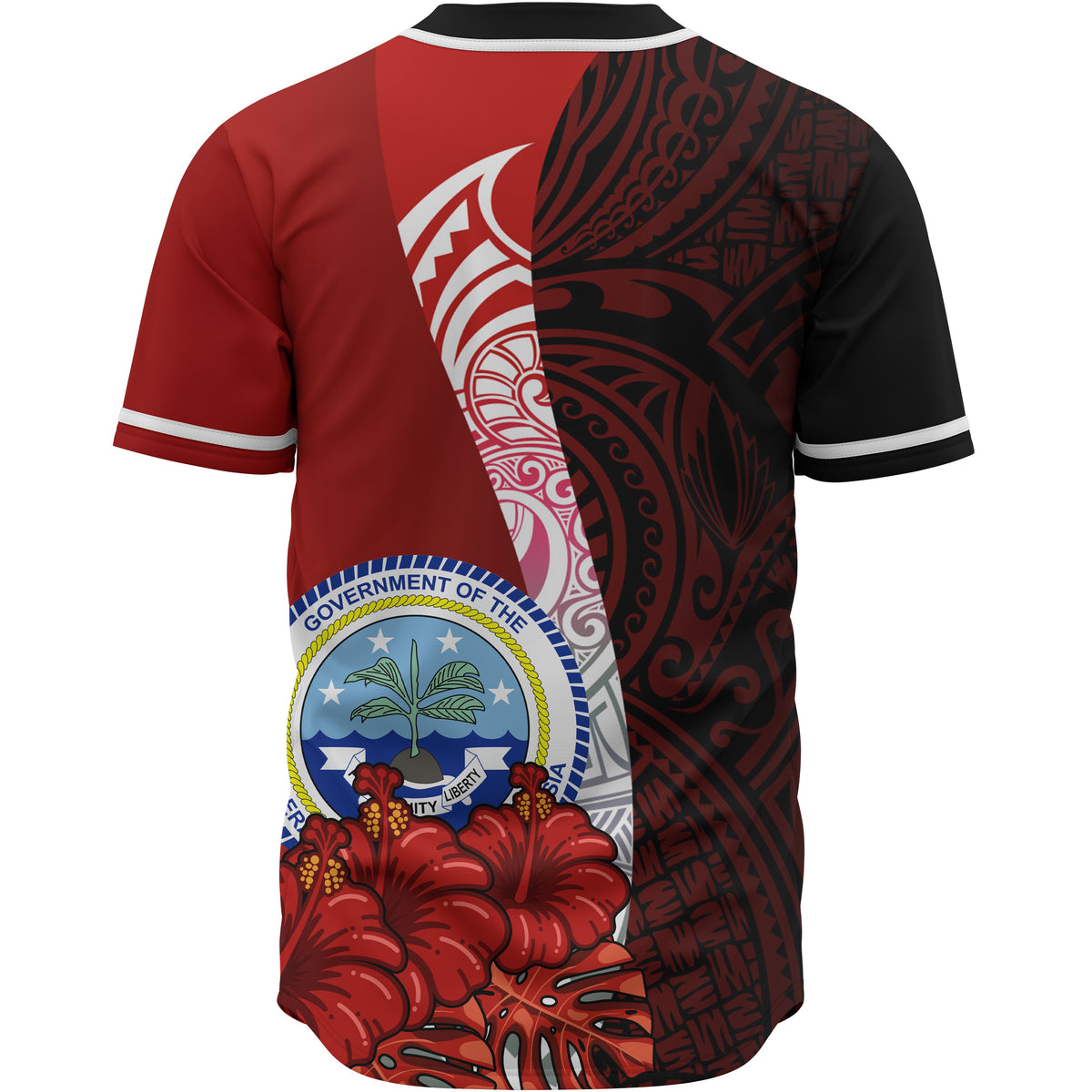 Federated States Of Micronesia Polynesian Custom Personalised Baseball Shirt - Coat Of Arm With Hibiscus - Polynesian Pride