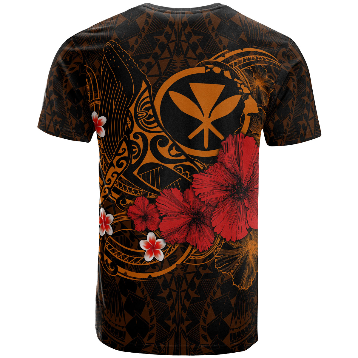 Polynesian Hawaii Kanaka Maoli T Shirts Humpback Whale with Hibiscus (Golden) - Polynesian Pride